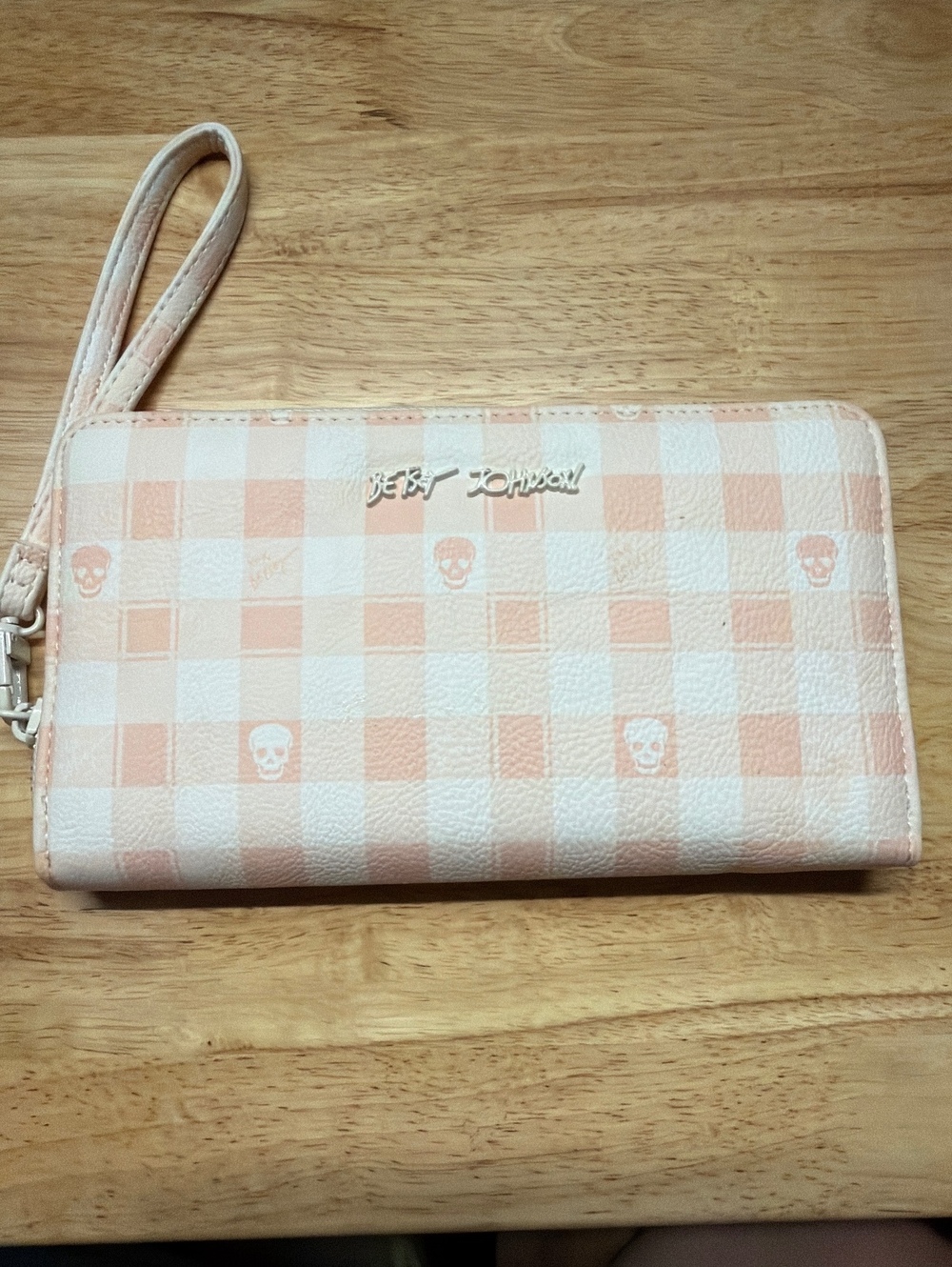 Betsey Johnson Pink and White Checkered Skull Print Zip-Around Wallet with Wrist